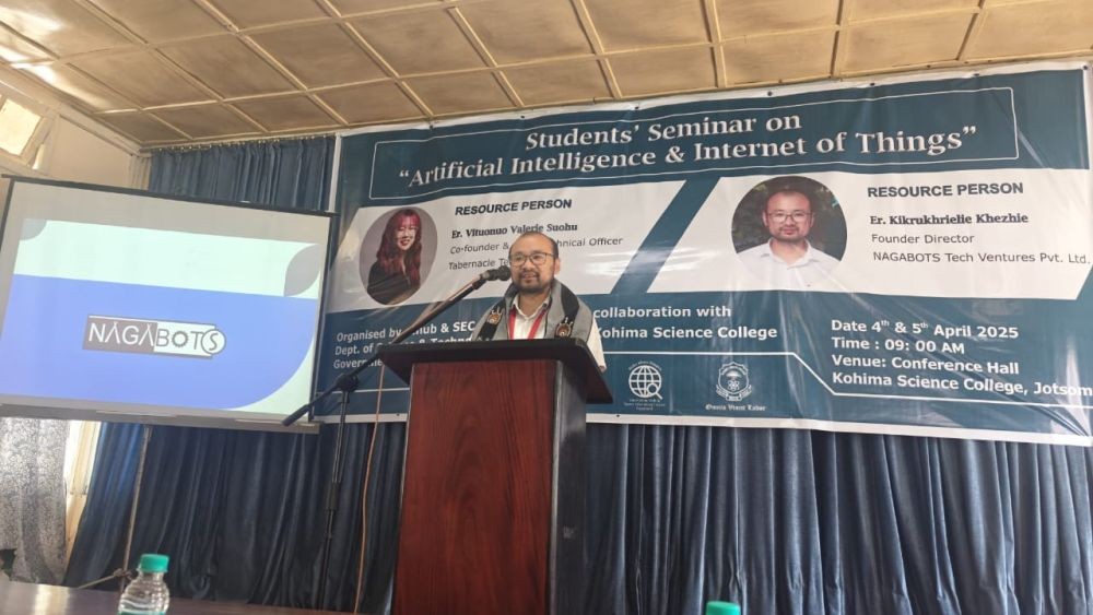 Er Kikrukhrielie Khezhie, Director of Nagabots Tech Ventures Pvt Ltd speaking at the seminar on ‘Artificial Intelligence and Internet of Things’ at Kohima Science College.